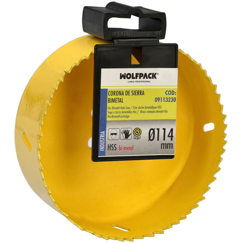 foto del prodotto lame bimetalliche 114 mm. temprate termicamente, base rinforzata. corona per legno, punta per fori in legno, acciaio, ferro, plastica, ecc.