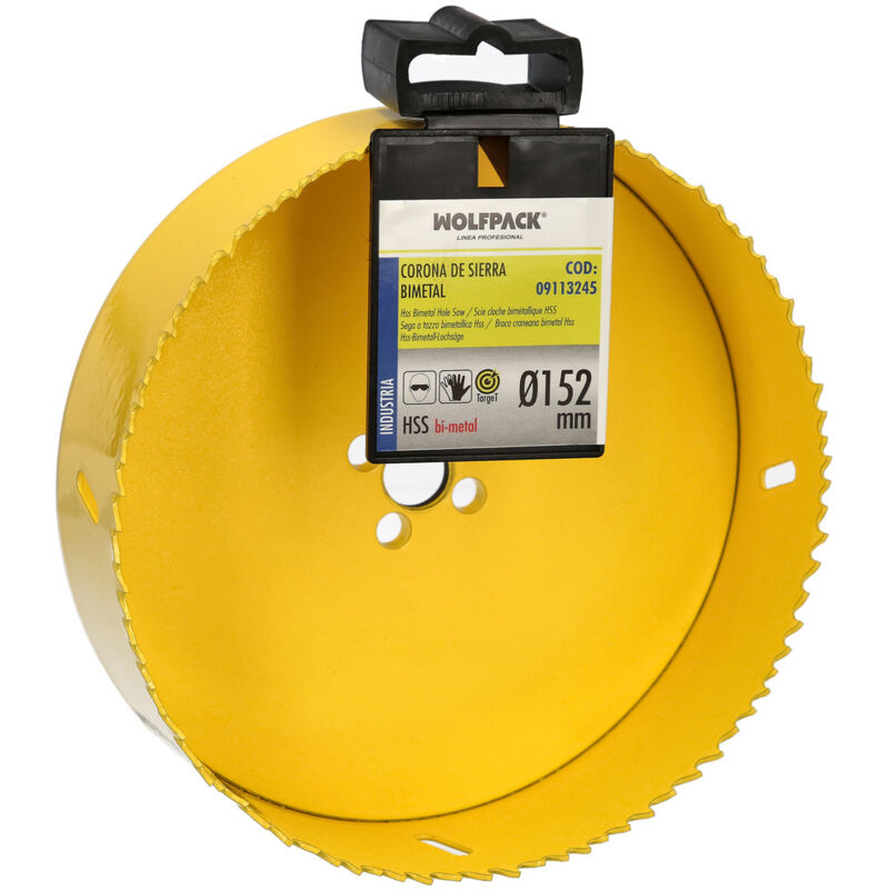 foto del prodotto lame bimetalliche 152 mm. temprate termicamente, base rinforzata. corona di legno, fori di legno, acciaio, ferro, plastica