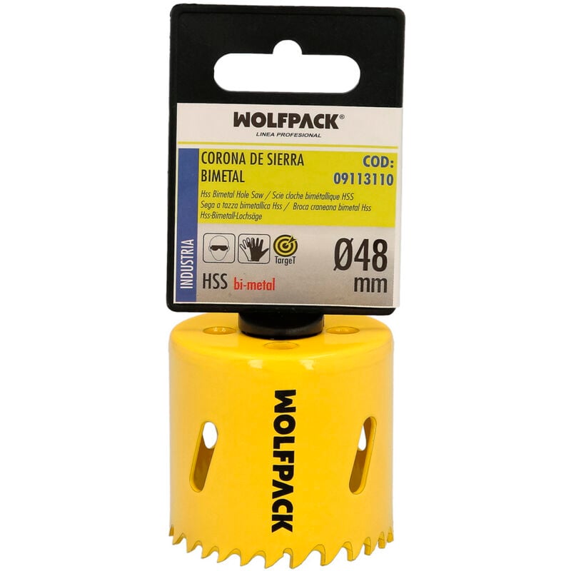 foto del prodotto lame bimetalliche 48 mm. temprate termicamente, base rinforzata. corona per legno, punta per fori in legno, acciaio, ferro, plastica, ecc.