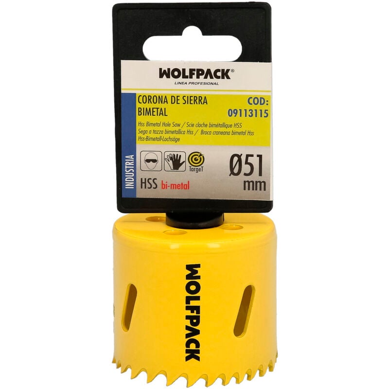 foto del prodotto lame bimetalliche 51 mm. temprate termicamente, base rinforzata. corona per legno, punta per fori in legno, acciaio, ferro, plastica, ecc.