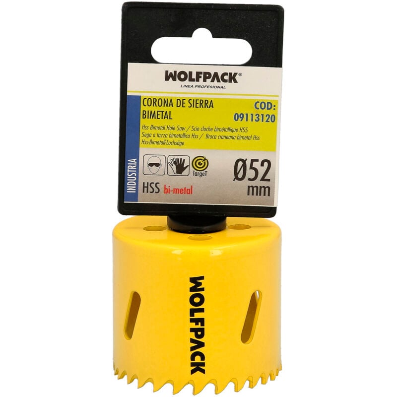 foto del prodotto lame bimetalliche 52 mm. temprate termicamente, base rinforzata. corona per legno, punta per fori in legno, acciaio, ferro, plastica, ecc.