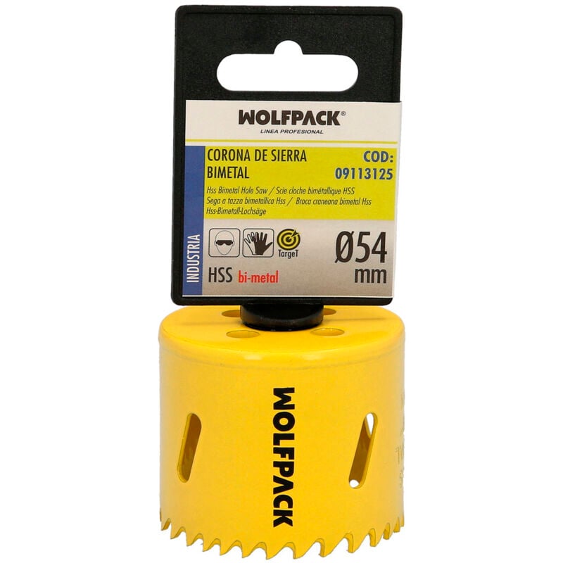 foto del prodotto lame bimetalliche 54 mm. temprate termicamente, base rinforzata. corona per legno, punta per fori in legno, acciaio, ferro, plastica, ecc.