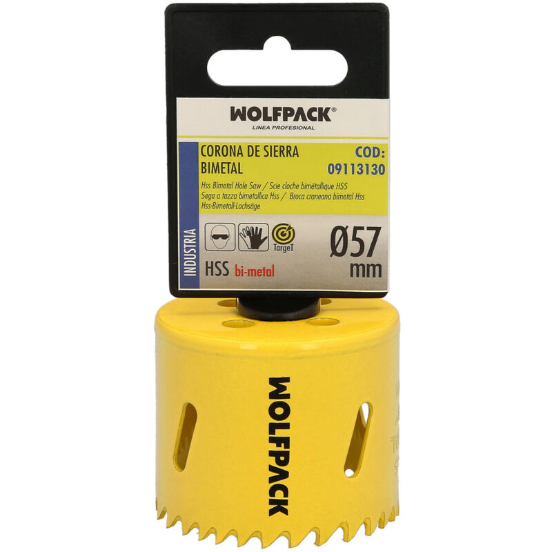 foto del prodotto lame bimetalliche 57 mm. temprate termicamente, base rinforzata. corona per legno, fori per legno, acciaio, ferro, plastica, ecc.