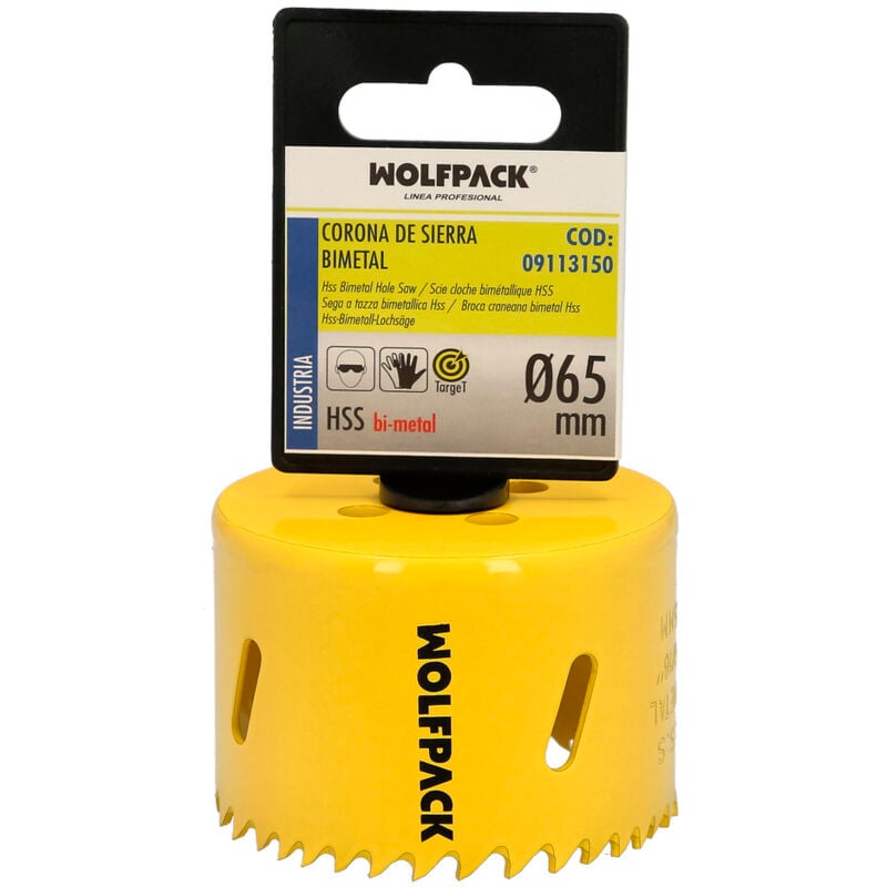 foto del prodotto lame bimetalliche 65 mm. temprate termicamente, base rinforzata. corona per legno, punta per fori in legno, acciaio, ferro, plastica, ecc.