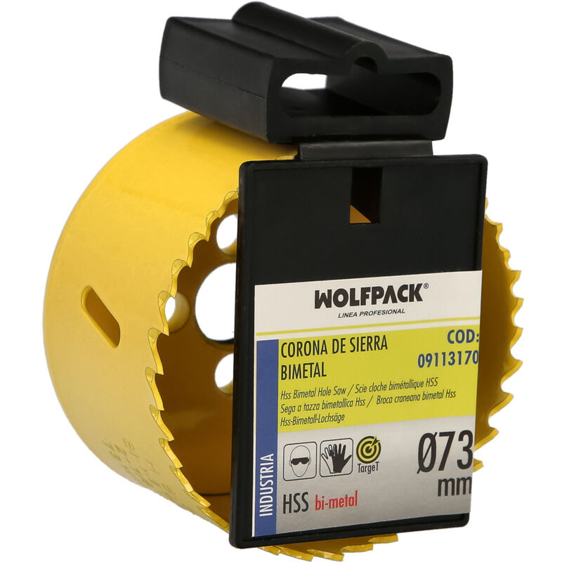 foto del prodotto lame bimetalliche 73 mm. temprate termicamente, base rinforzata. corona per legno, punta per fori in legno, acciaio, ferro, plastica, ecc.