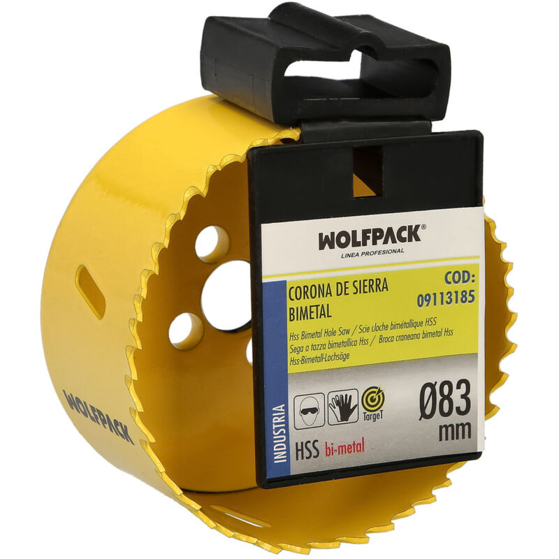 foto del prodotto lame bimetalliche 83 mm. temprate termicamente, base rinforzata. corona per legno, punta per fori in legno, acciaio, ferro, plastica, ecc.