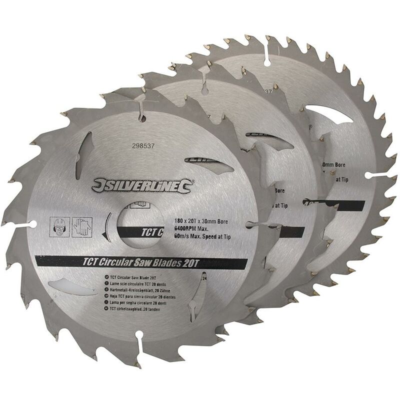 foto del prodotto lame per seghe circolari in tct da 20, 24, 40 denti 3 p.zi 180 x 30 anelli di riduzione 20, 16 mm