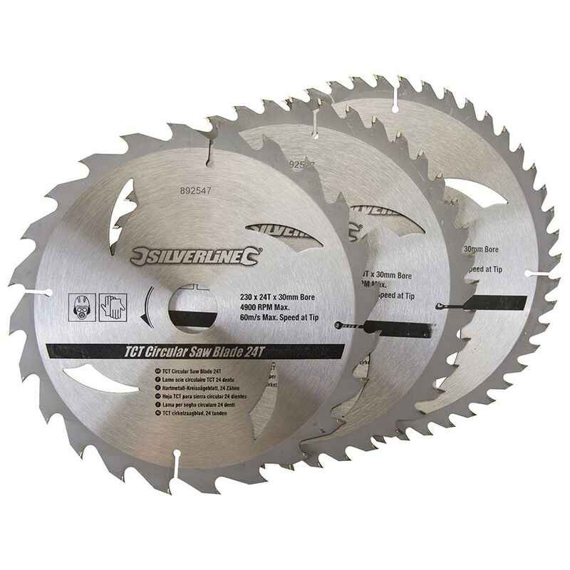 foto del prodotto lame per seghe circolari in tct da 24, 40, 48 denti 3 p.zi 230 x 30 anelli di riduzione 25, 20, 16 mm