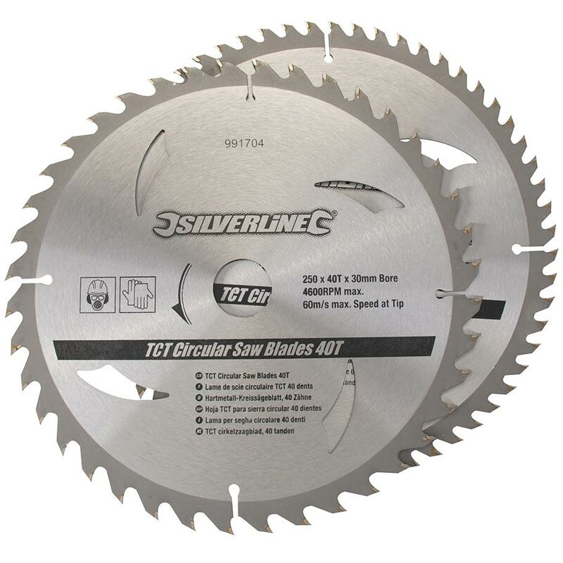 foto del prodotto lame per seghe circolari in tct da 40 e 60 denti 2 p.zi 250 x 30 anelli di riduzione 20, 25, 16 mm