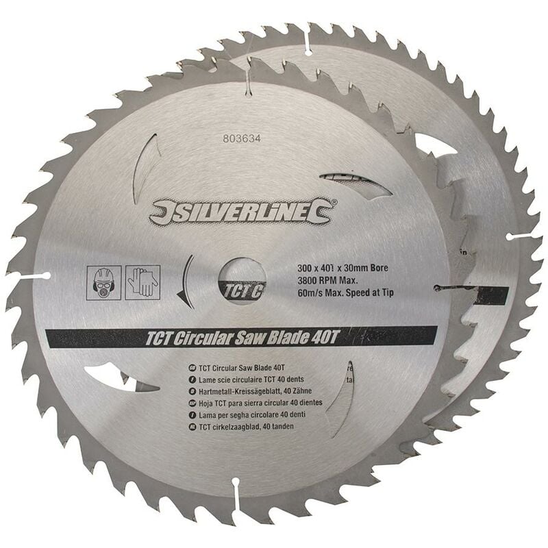 foto del prodotto lame per seghe circolari in tct da 40 e 60 denti 2 p.zi 300 x 30 anelli di riduzione 25, 20 e 16 mm