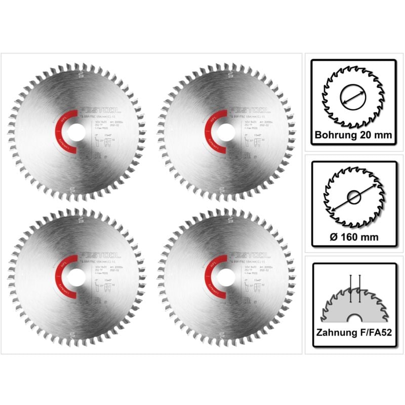 foto del prodotto laminato hpl hw 160 x 1,8 x 20 tf52 lama circolare 4x 205554 per seghe a tuffo ts 55 f, tsc 55 k e seghe circolari portatili hk 55, hkc 55 - festool