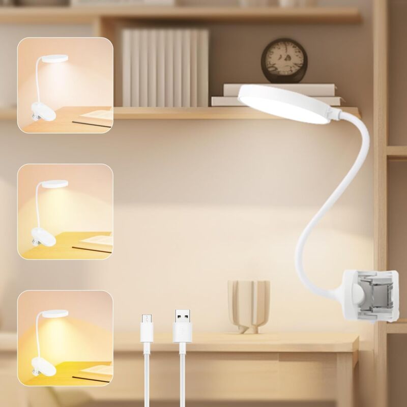 foto del prodotto lampada a clip a 20 led, lampada da scrivania ricaricabile, lampada da comodino flessibile, lampada da lettura con 3 modalit di illuminazione e