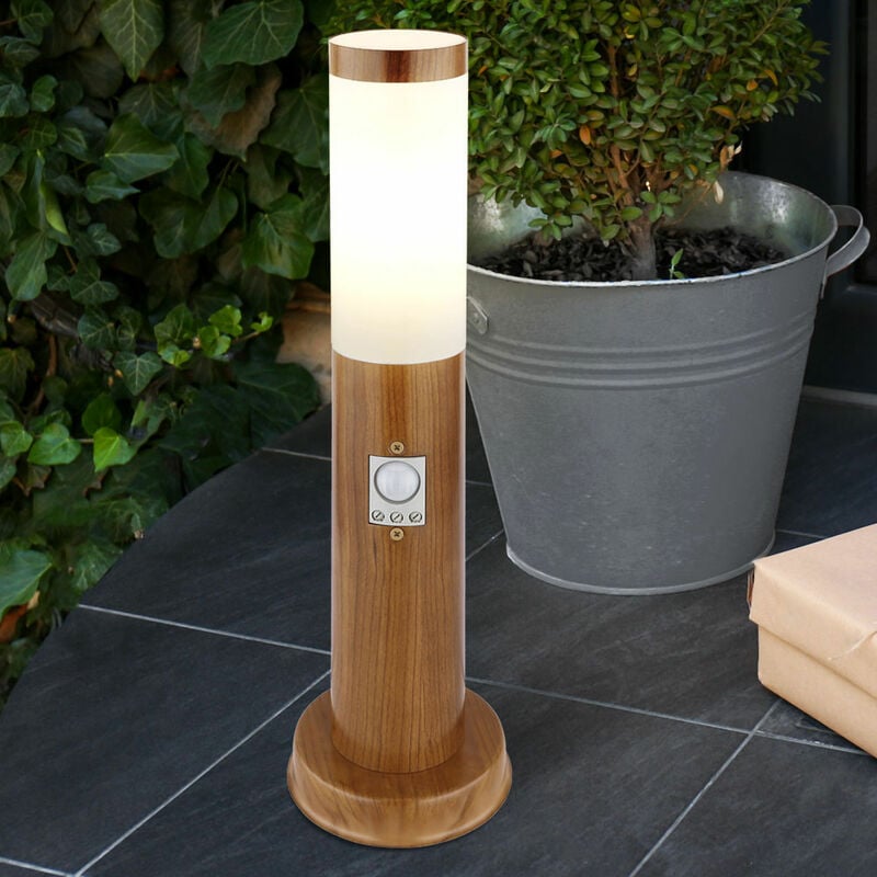 foto del prodotto lampada a colonna con rilevatore di movimento, aspetto legno, piedistallo da esterno, paletto luminoso, acciaio inossidabile, plastica bianca, 1x