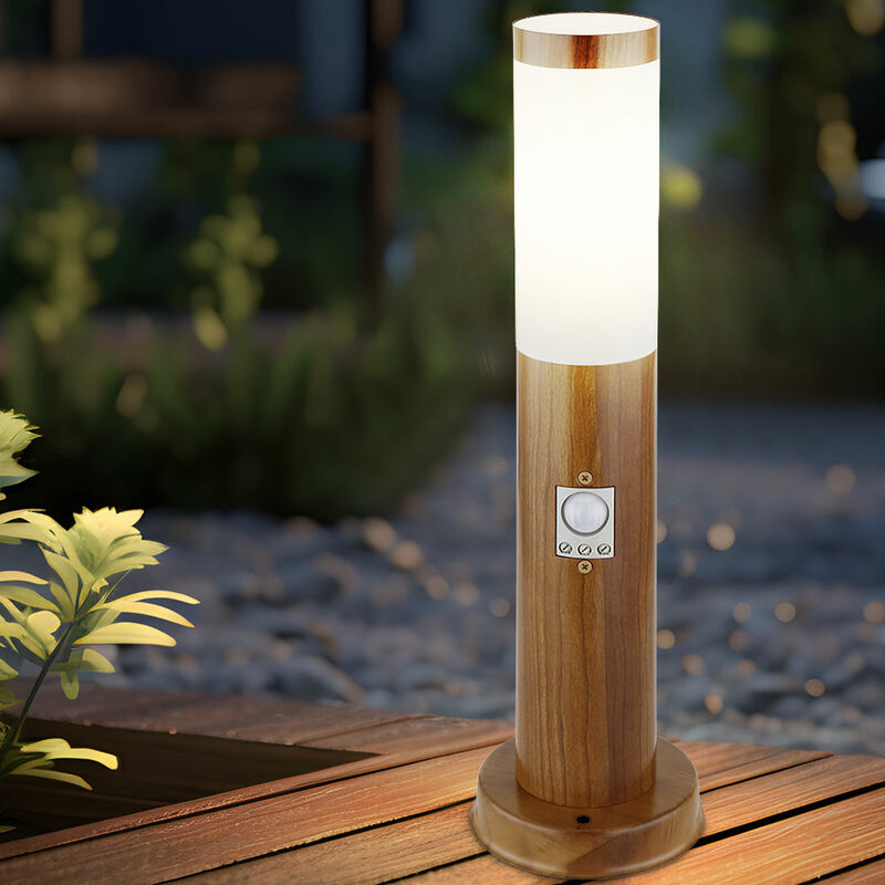 foto del prodotto lampada a colonna con rilevatore di movimento, aspetto legno, piedistallo da esterno, paletto luminoso, acciaio inossidabile, plastica bianca, 1x
