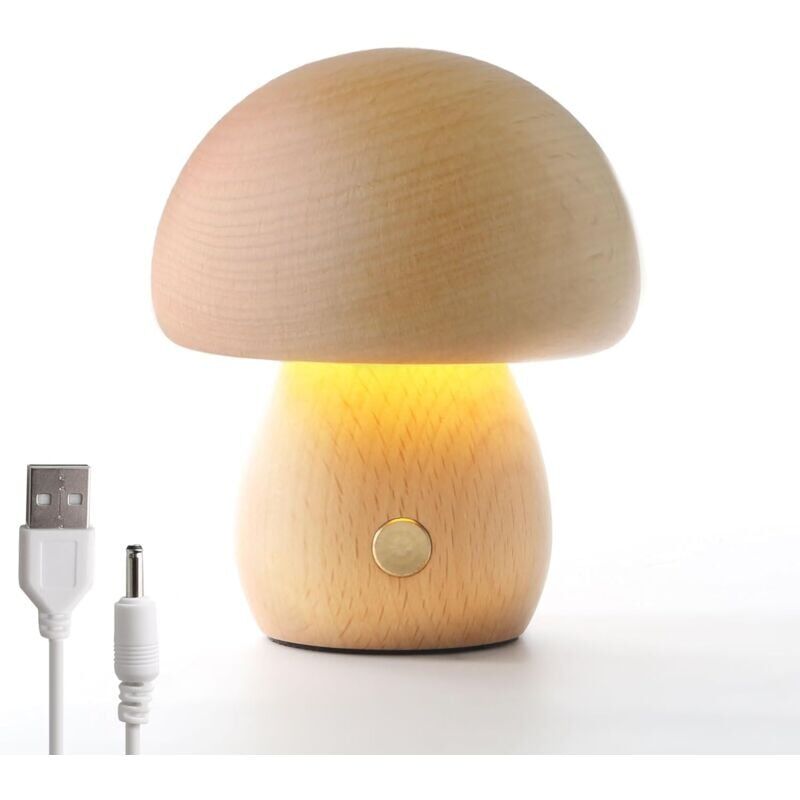 foto del prodotto lampada a forma di fungo in legno, lampada da comodino portatile dimmerabile con ricarica usb, luce notturna senza fili, lampada da tavolo a forma di