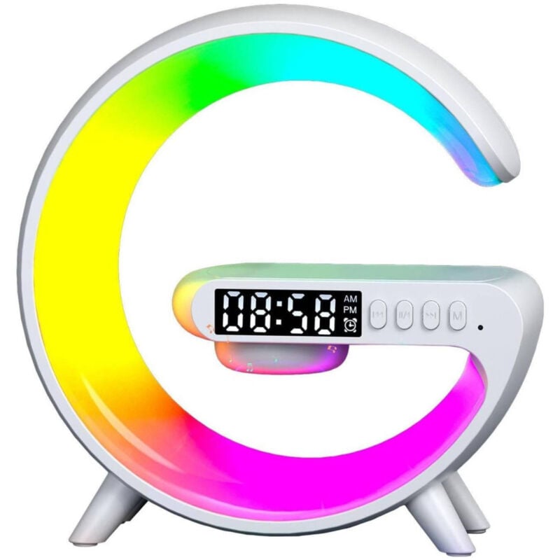 foto del prodotto lampada a forma di g multicolor con cassa speacker e caricabatteria ad induzione trade shop traesio