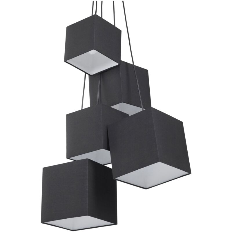 foto del prodotto lampada a grappolo 5 luci con paralume quadrato in tessuto nero mesta