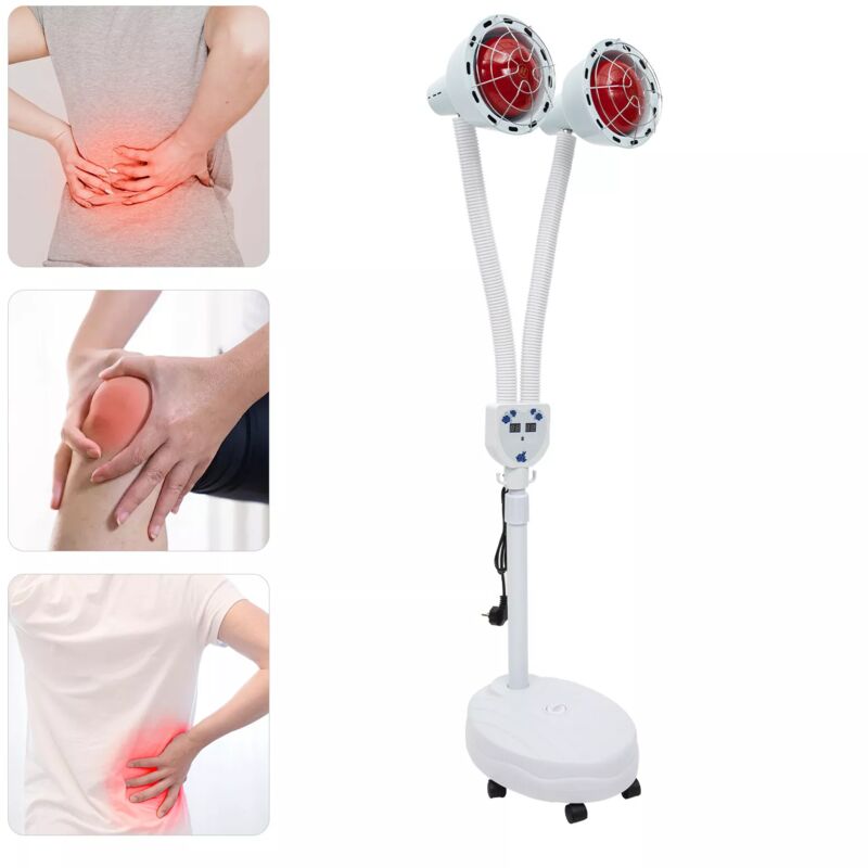 foto del prodotto lampada a infrarossi a doppia testa, 275 w, 360 , regolabile, regolabile, per terapia del calore a infrarossi, con supporto, per uso domestico e