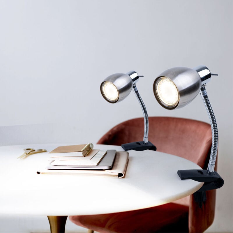 foto del prodotto lampada a morsetto lampada a morsetto in nichel opaco lampada a morsetto led con spina, lampada da tavolo lampada da lettura, spot mobile, metallo