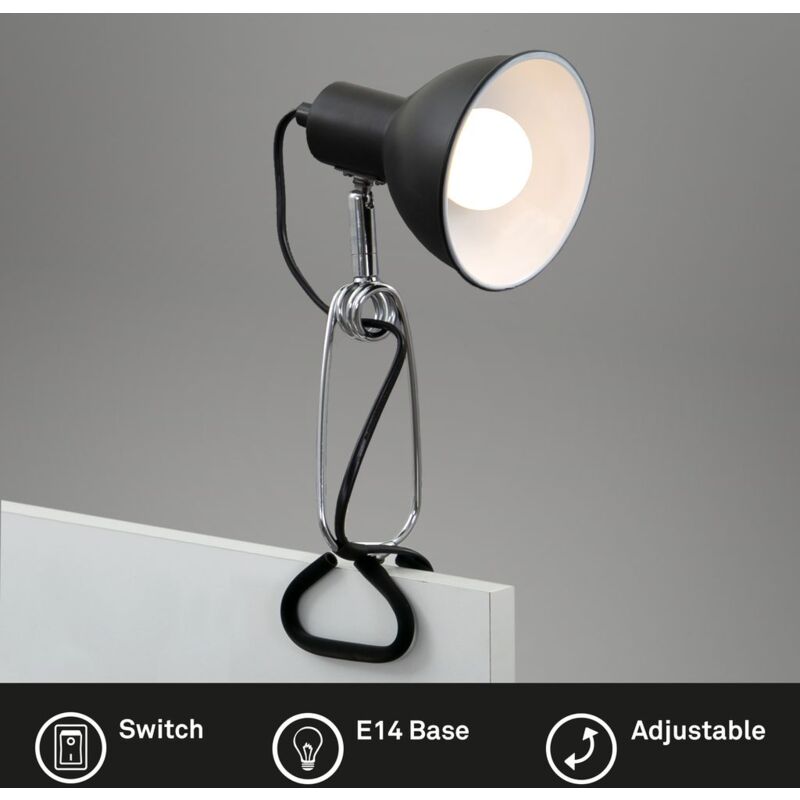 foto del prodotto lampada a morsetto orientabile interruttore a cavo orientabile e14 8 w nero metallo briloner