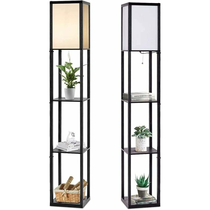 foto del prodotto lampada a piantana da terra in legno con 3 scomparti e base e27 per lampadina non inclusa , lampada a stelo moderna con ripiani aperti per casa,