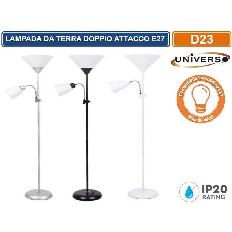 foto del prodotto lampada a piantana da terra in metallo con doppio attacco e27 portalampda a braccio orientabile colore bianco universo