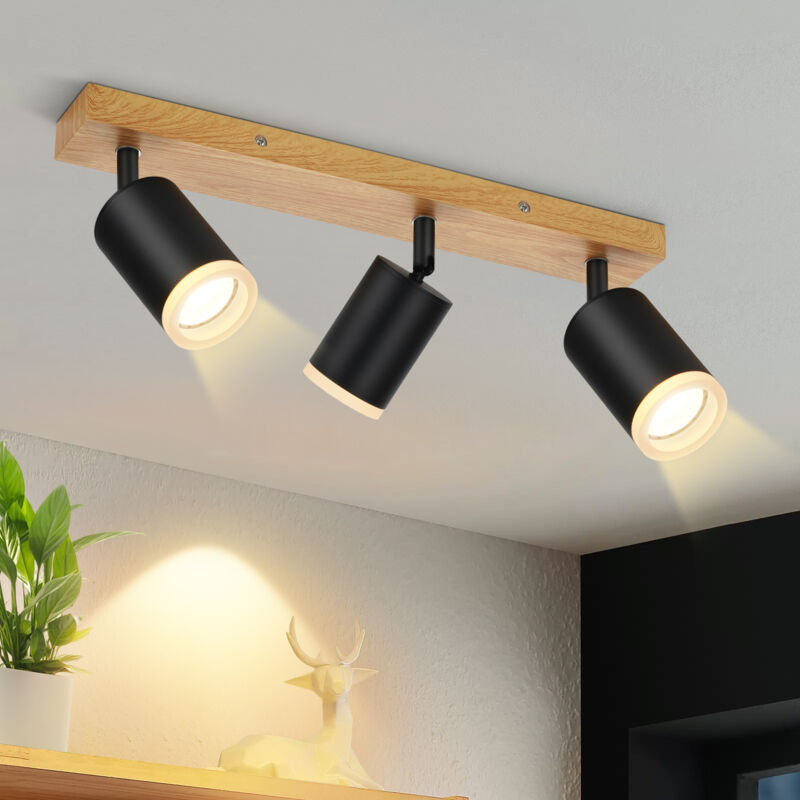 foto del prodotto lampada a plafond led spot con 3 lampadine lampada a plafond gu10 in legno nero, lampada per cucina ruotabile di 350 , spot a plafond in stile