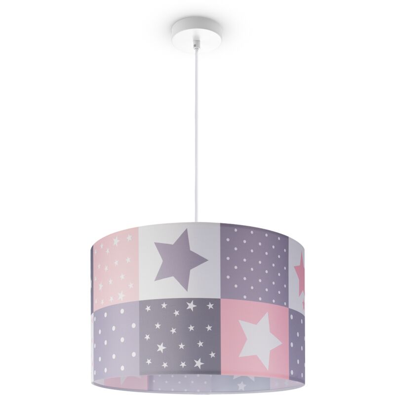 foto del prodotto lampada a plafone sospensione cameretta dei bambini paralume tessuto rotondo e27 luce a sospensione bianca, rosa 45.5 cm paco home