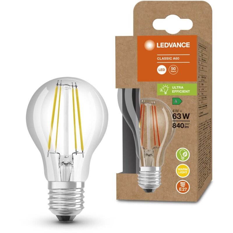 foto del prodotto lampada a risparmio energetico a led, lampadina a filamento di vetro, e27, bianco caldo 3000k , 4 watt, sostituisce lampadina da 60w, altamente