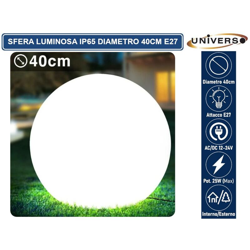 foto del prodotto lampada a sfera bianca da giardino 40cm con attacco e27 max 25w da interno ed esterno ip65