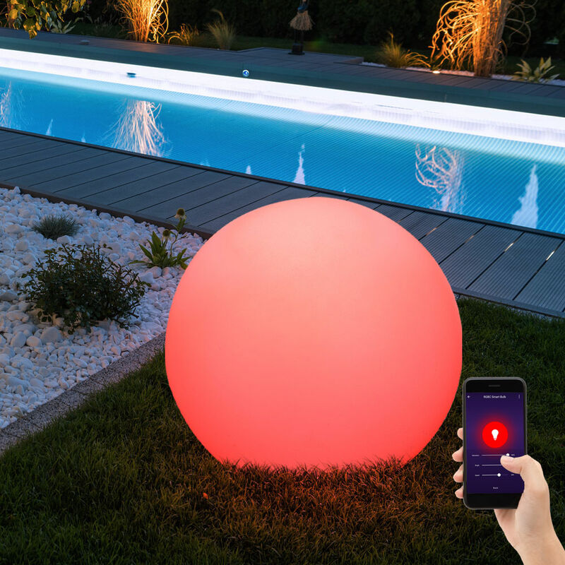 foto del prodotto lampada a sfera, picchetto, lampada plug in, decorazione da giardino, lampada a sfera, lampada da esterno, cavo incluso, controllo tramite app,