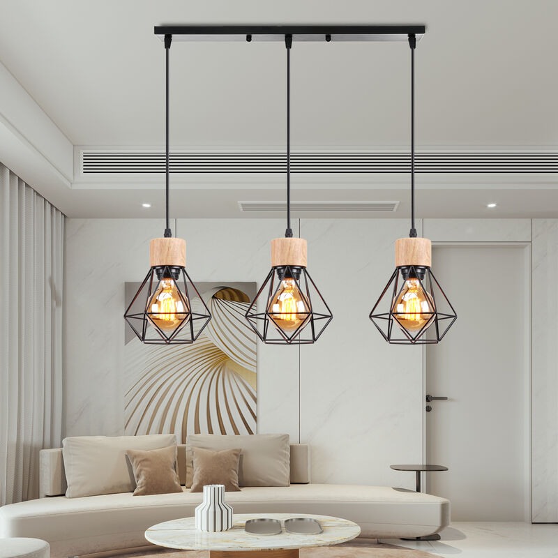 foto del prodotto lampada a soffitto a forma di diamante a 3 luci e27 lampada a soffitto industriale retr in metallo e legno per sala da pranzo camera da letto
