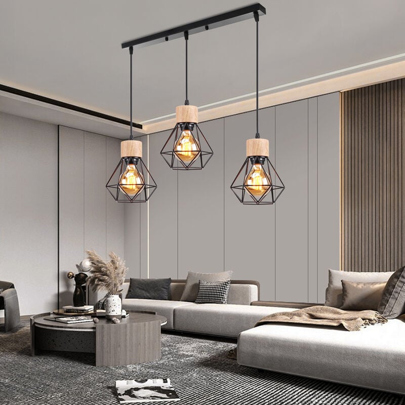 foto del prodotto lampada a soffitto a forma di diamante con 3 luci lampadario in metallo e legno plafoniera industriale retr e27 per sala da pranzo camera da letto