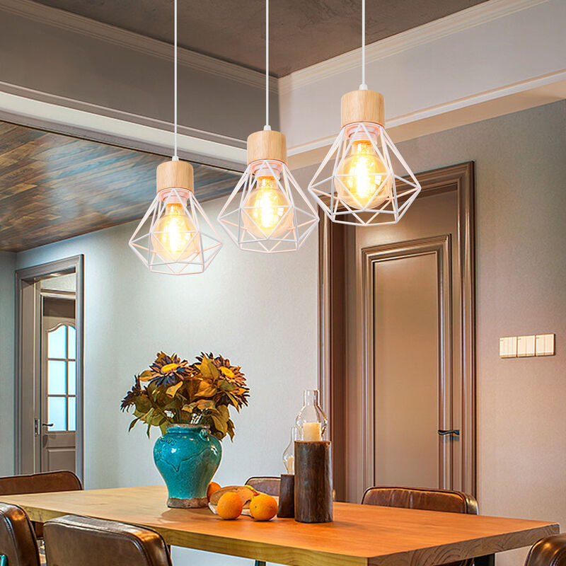 foto del prodotto lampada a soffitto a forma di diamante con 3 luci lampadario in metallo e legno plafoniera industriale retr e27 per sala da pranzo camera da letto