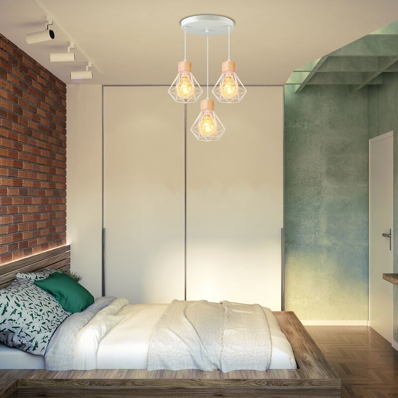 foto del prodotto lampada a soffitto industriale 3 paralumi forma diamante in ferro e legno lampadario e27 per soggiorno cucina camera da letto bianco