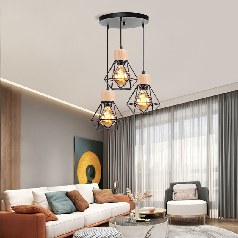 foto del prodotto lampada a soffitto industriale 3 paralumi forma diamante in ferro e legno lampadario e27 per soggiorno cucina camera da letto nero