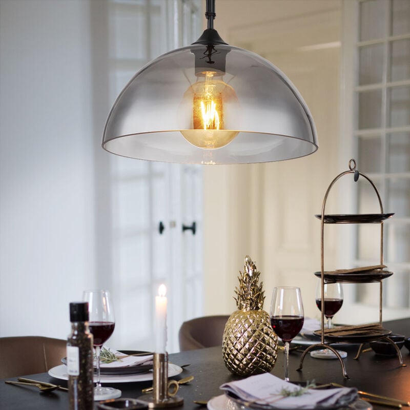 foto del prodotto lampada a sospensione 1 fiamma paralume in vetro fum lampada da sala da pranzo lampada a sospensione a catena, metallo, 1 attacco e27, dxh 30x120 cm