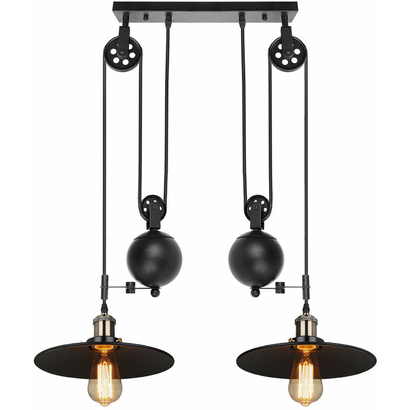 foto del prodotto lampada a sospensione, 2 luci vintage lampadario da soffitto regolabile con paralume, illuminazione a puleggia edison e27 per cucina isaland camera