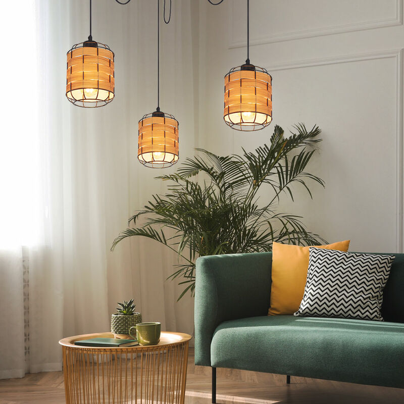 foto del prodotto lampada a sospensione 3 fiamme paralume lampada a sospensione effetto legno lampada da soggiorno regolabile, metallo plastica, marrone nero, 3x e27,