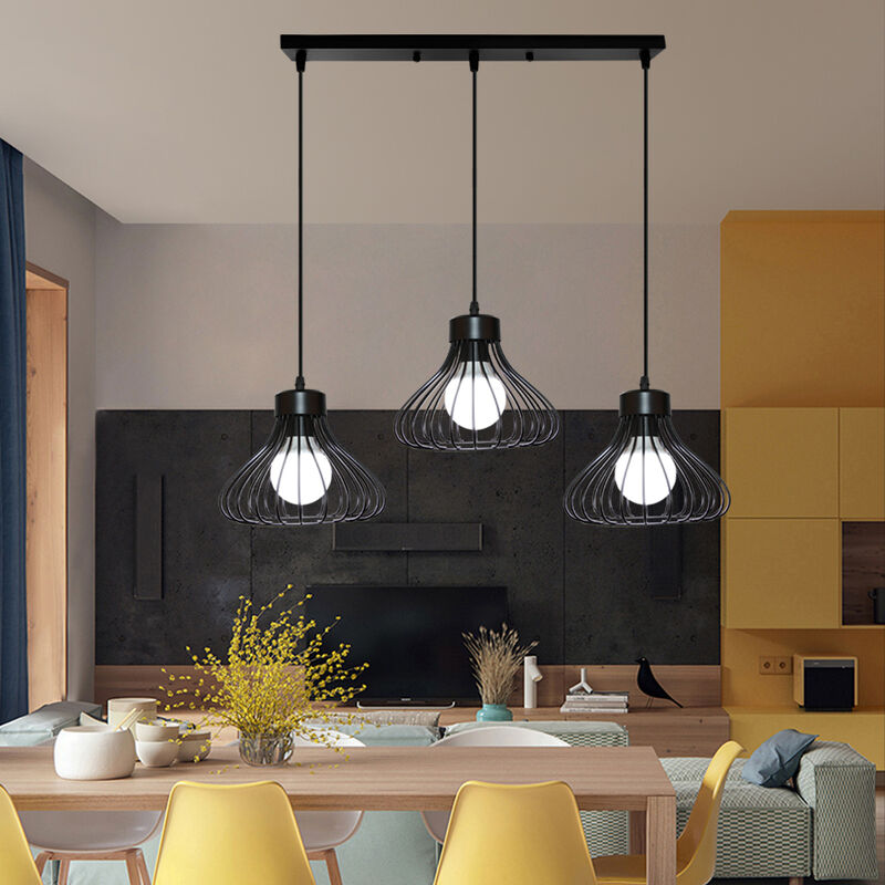 foto del prodotto lampada a sospensione, 3 fili lampada da soffitto con 23cm gabbia, industriale stile illuminazione in metallo con e27 attacco nero 