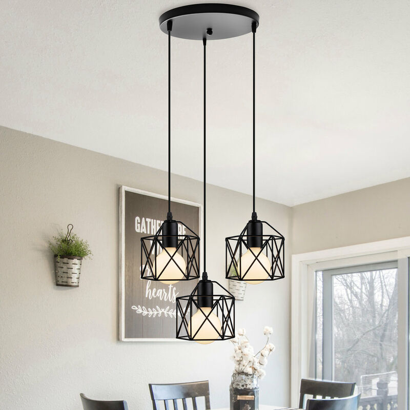 foto del prodotto lampada a sospensione, 3 fili plafoniera con 16cm mini piazza gabbia, industriale stile, e27 attacco nero 