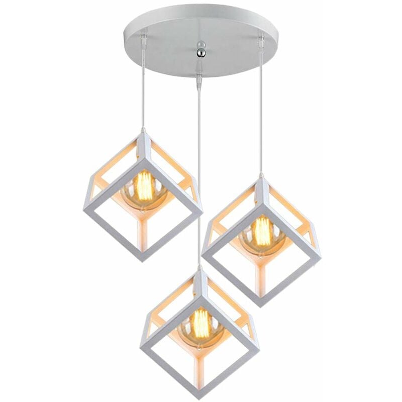 foto del prodotto lampada a sospensione, 3 luci creativo lampada da soffitto in ferro, illuminazione con cubo gabbia per cucina sala da pranzo bianco 