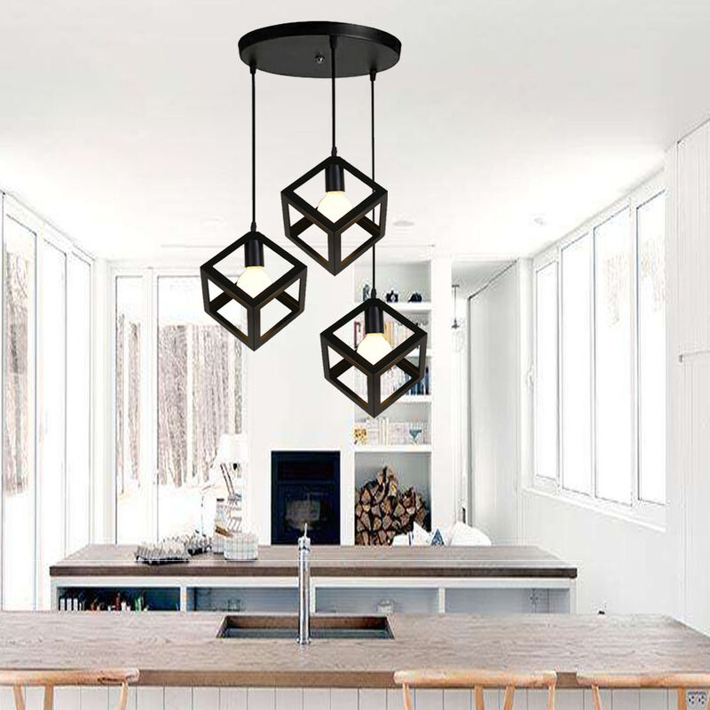 foto del prodotto lampada a sospensione, 3 luci creativo lampada da soffitto in ferro, illuminazione con cubo gabbia per cucina sala da pranzo nero 