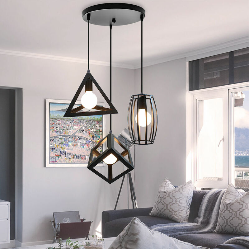 foto del prodotto lampada a sospensione, 3 luci lampada da soffitto con gabbia geometrico, metallo illuminazione e27 attacco nero 
