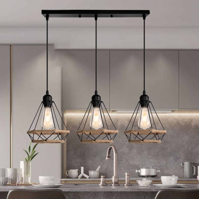 foto del prodotto lampada a sospensione 3 luci, lampada da soffitto in corda di canapa, plafoniere in retro stile con 20cm gabbia di diamante per soggiorno sala da