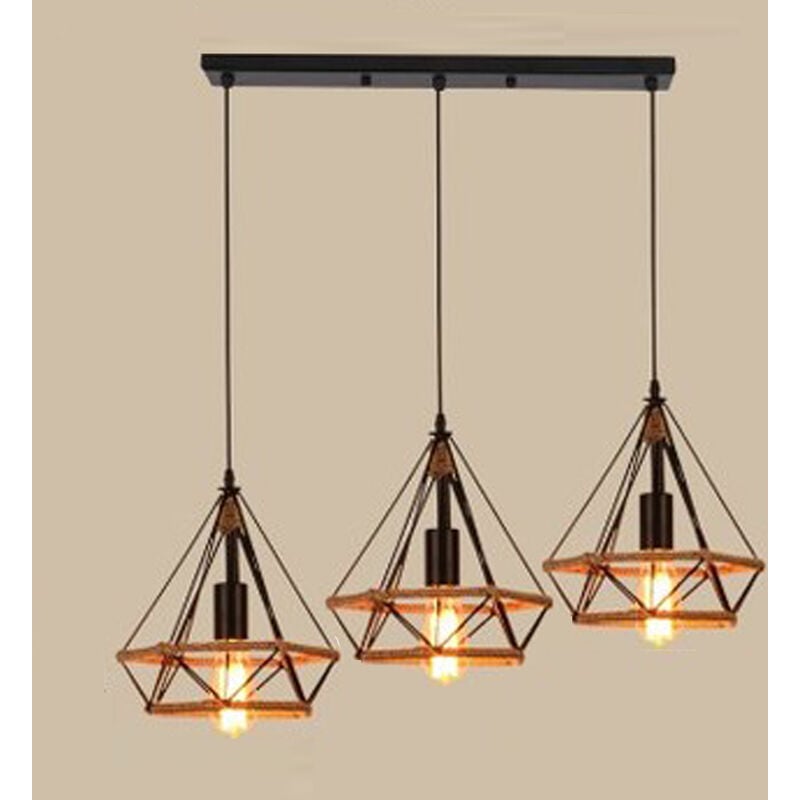 foto del prodotto lampada a sospensione 3 luci, lampada da soffitto in corda di canapa, plafoniere in retro stile con 25cm gabbia di diamante per soggiorno sala da