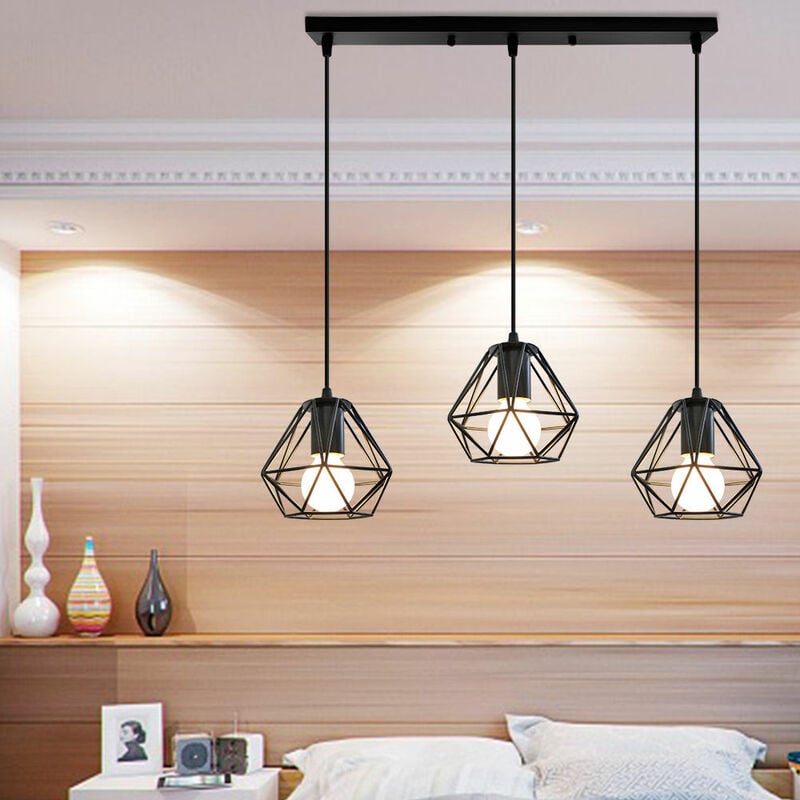foto del prodotto lampada a sospensione, 3 luci plafoniera con gabbia in metallo diamante e27 lampadina nero
