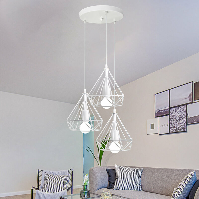 foto del prodotto lampada a sospensione, 3 luci plafoniera in industriale stile con 20cm gabbia di diamante, illuminazione con e27 per soggiorno cucina di casa