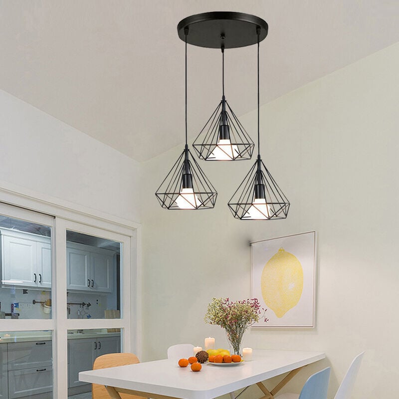 foto del prodotto lampada a sospensione, 3 luci plafoniera in industriale stile con 25cm gabbia di diamante, illuminazione con e27 per soggiorno cucina di casa