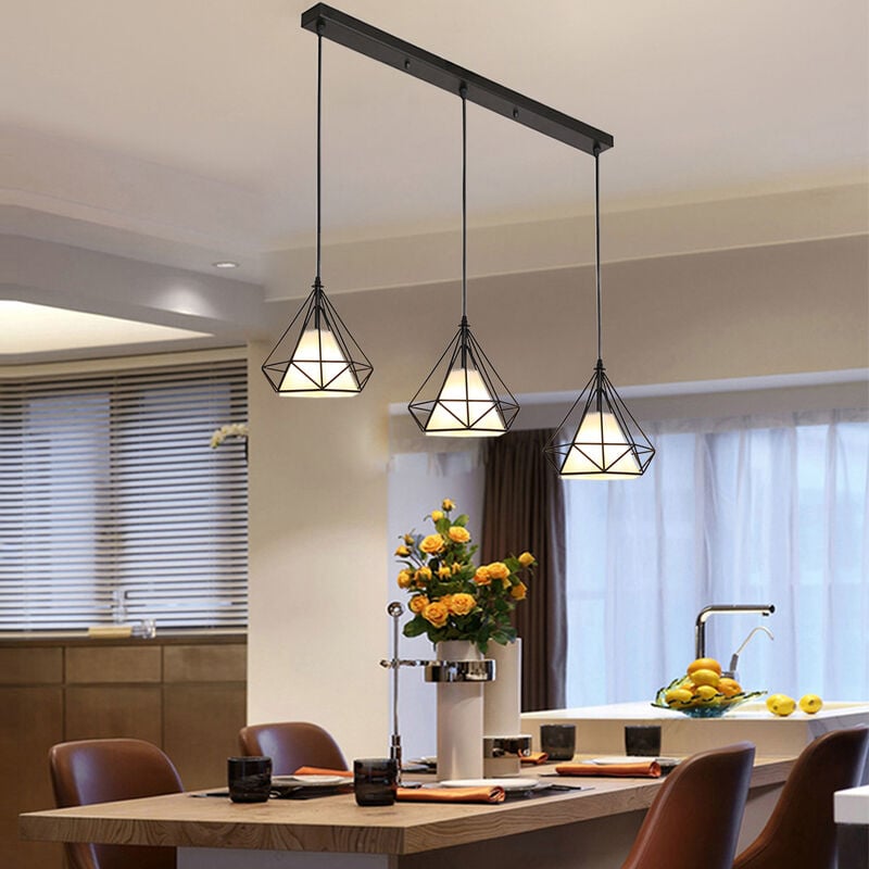 foto del prodotto lampada a sospensione, 3 luci plafoniera in metallo, gabbia di diamante, per soggiorno cucina nero 